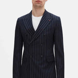 Men's navy pinstripe suit jacket with notch lapels and double-breasted front