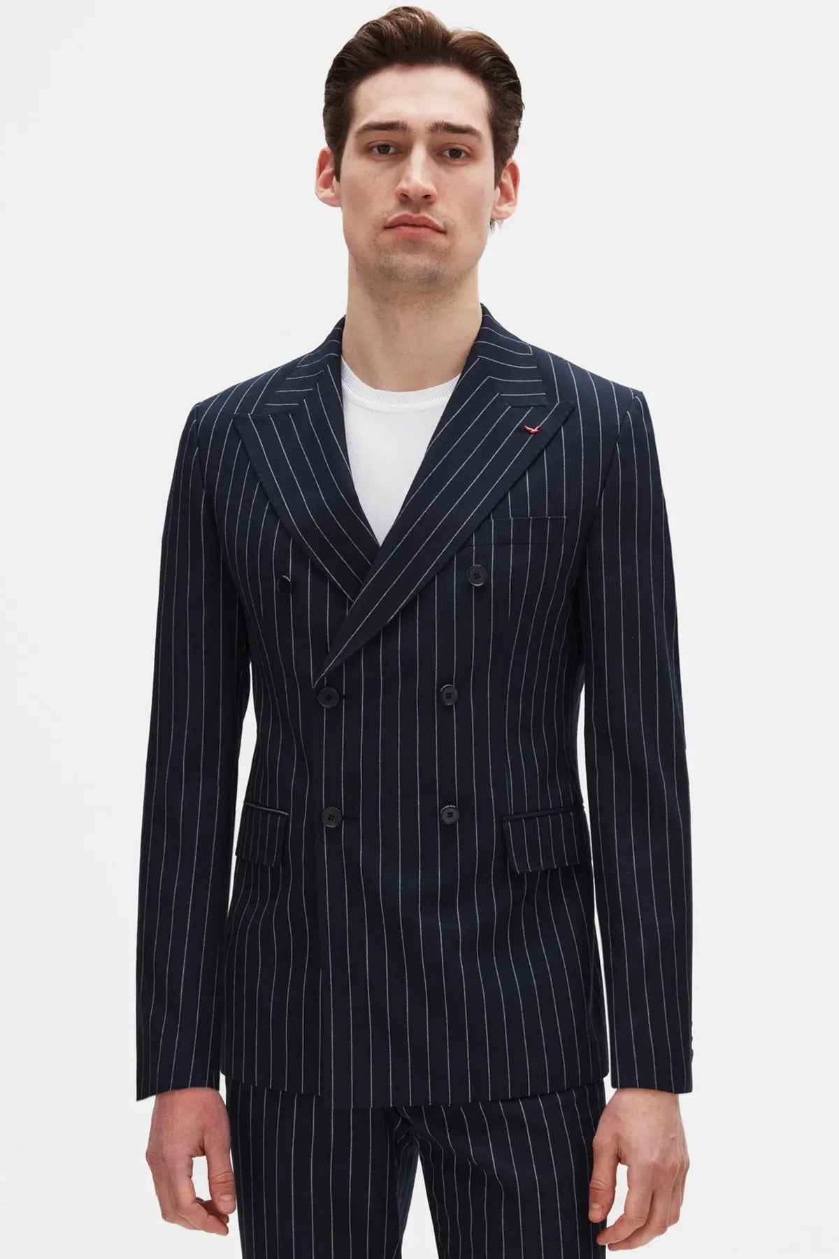 Men's navy pinstripe suit jacket with notch lapels and double-breasted front