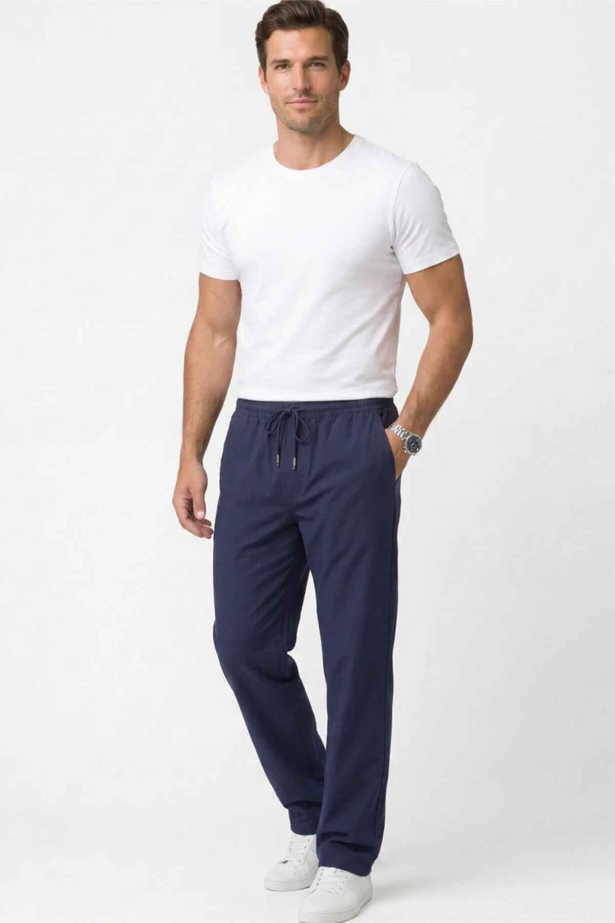 Men's Veleno track pants in navy with drawstring elastic waist and side pockets