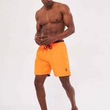 Men's orange swim shorts with black drawstring, above-knee front view