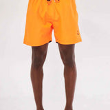 Men's orange swim shorts with black drawstring, back view