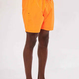 Men's orange swim shorts with black drawstring and anchor logo