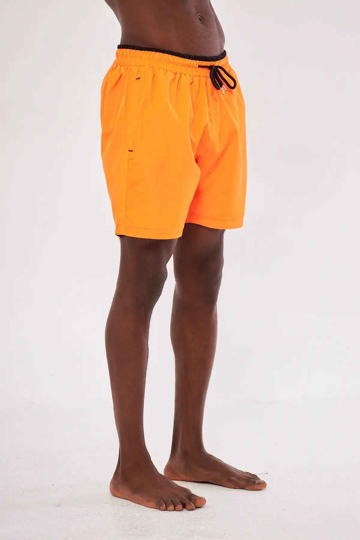 Men's orange swim shorts with black drawstring and anchor logo