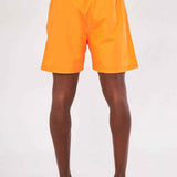 Men's orange swim shorts with black drawstring, back view, above-knee length
