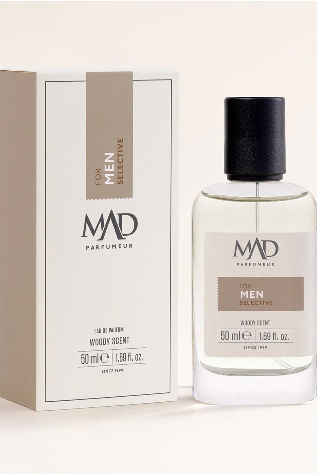 Men's perfume gift set: clear bottle with black cap, Men Selective label, 50 ml box