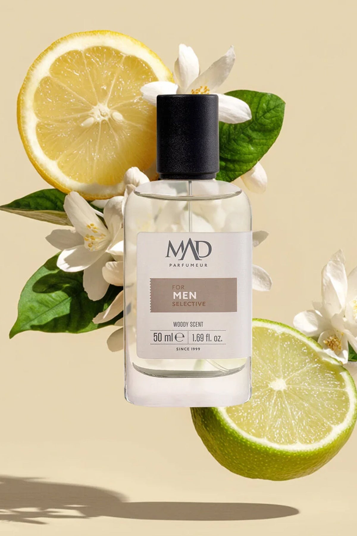 Men's perfume bottle with black cap, Men Selective label, with lemon and leaves