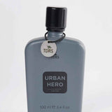 Men's eau de parfum bottle with dark cap, Urban Hero label, 100 ml