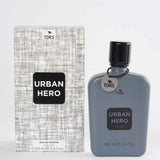 Men's eau de parfum box beside Urban Hero bottle with dark cap, 100 ml