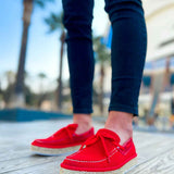 Men's red espadrille slip-on shoes with tied bow, jute sole and white stitching