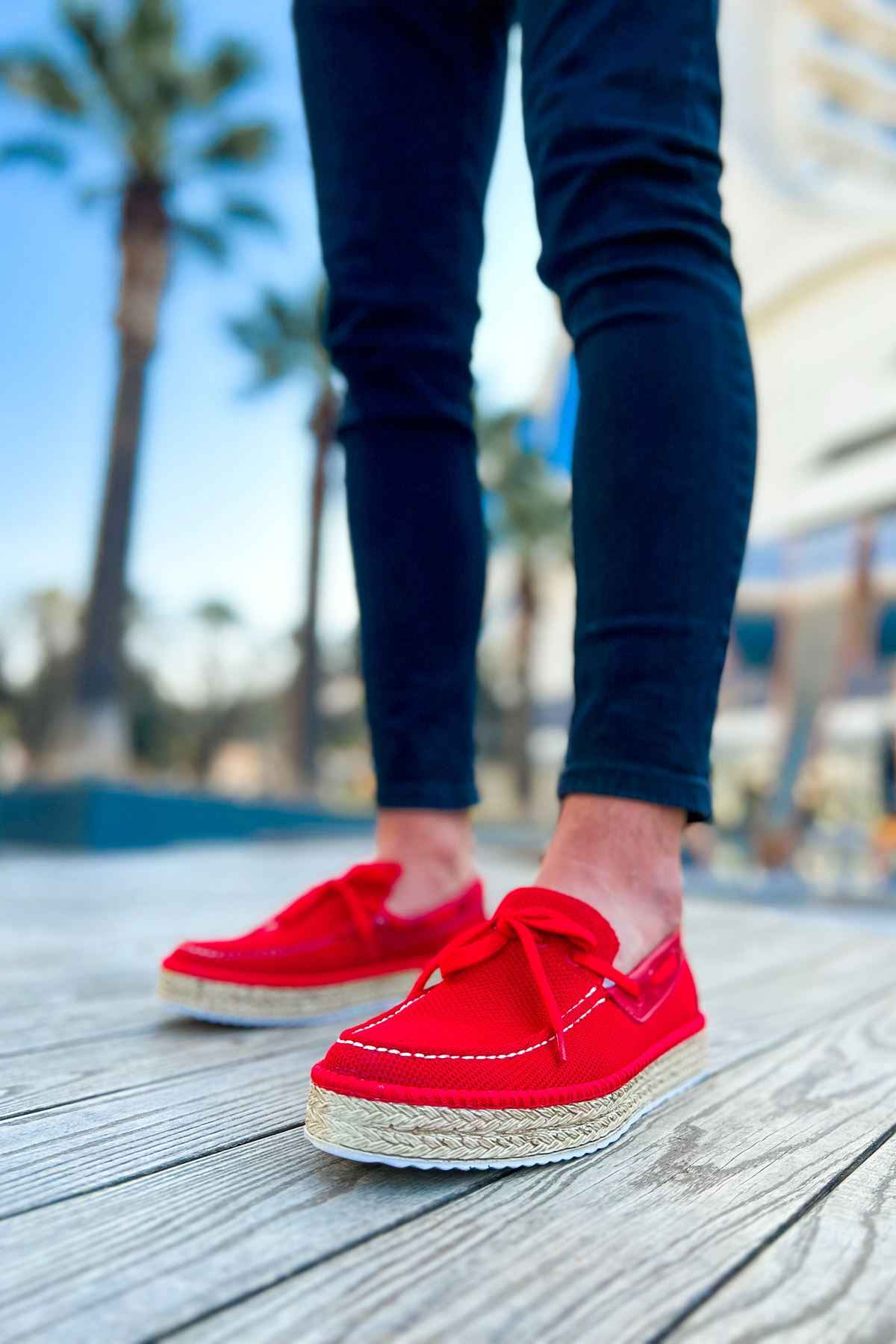Men's red espadrille slip-on shoes with tied bow, jute sole and white stitching