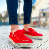 Red espadrille loafers for men, side view with bow detail and jute midsole