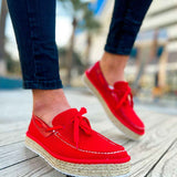 Men's red canvas espadrilles with lace-up bow and textured jute platform