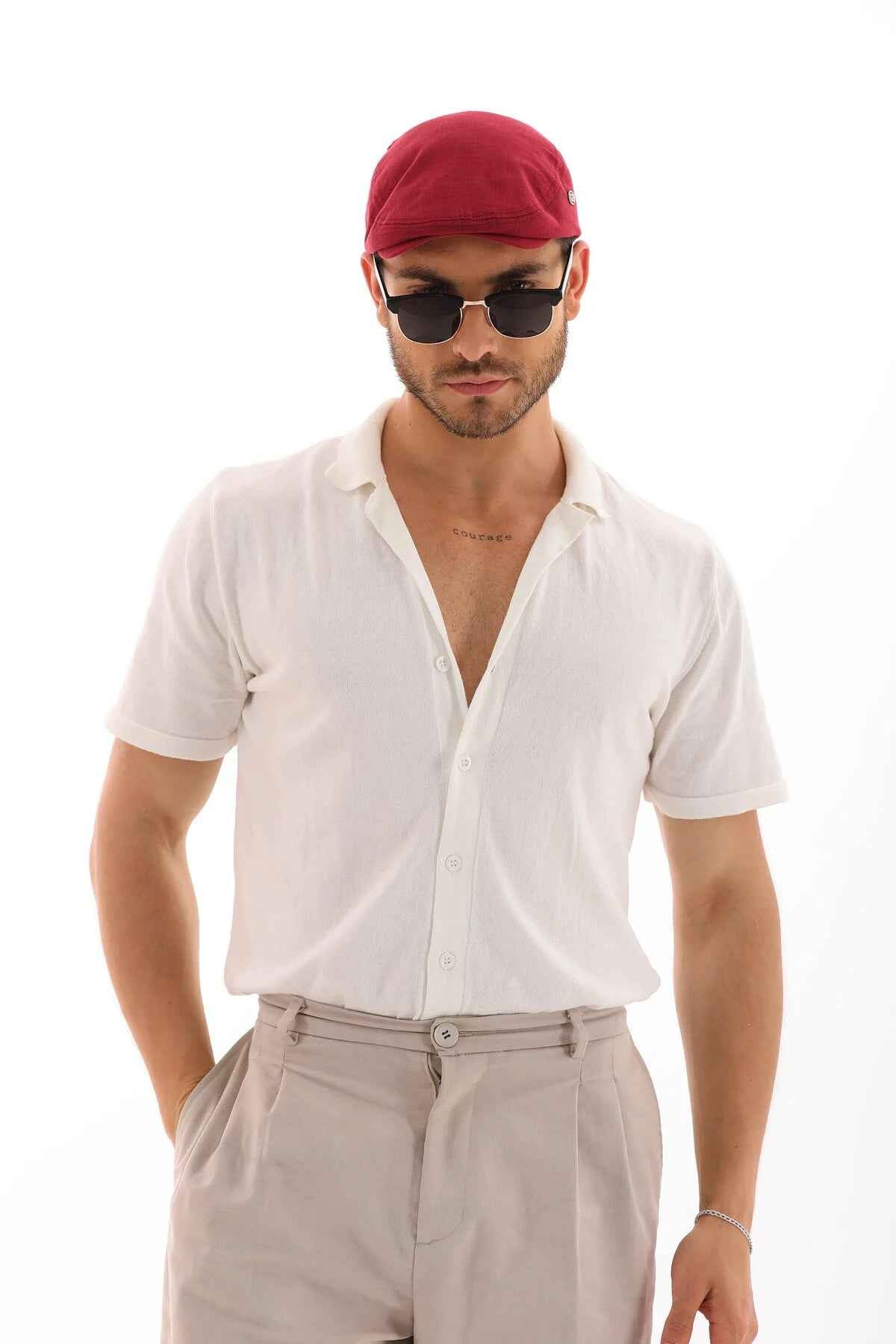 Men's red flat cap, front view with stitched crown