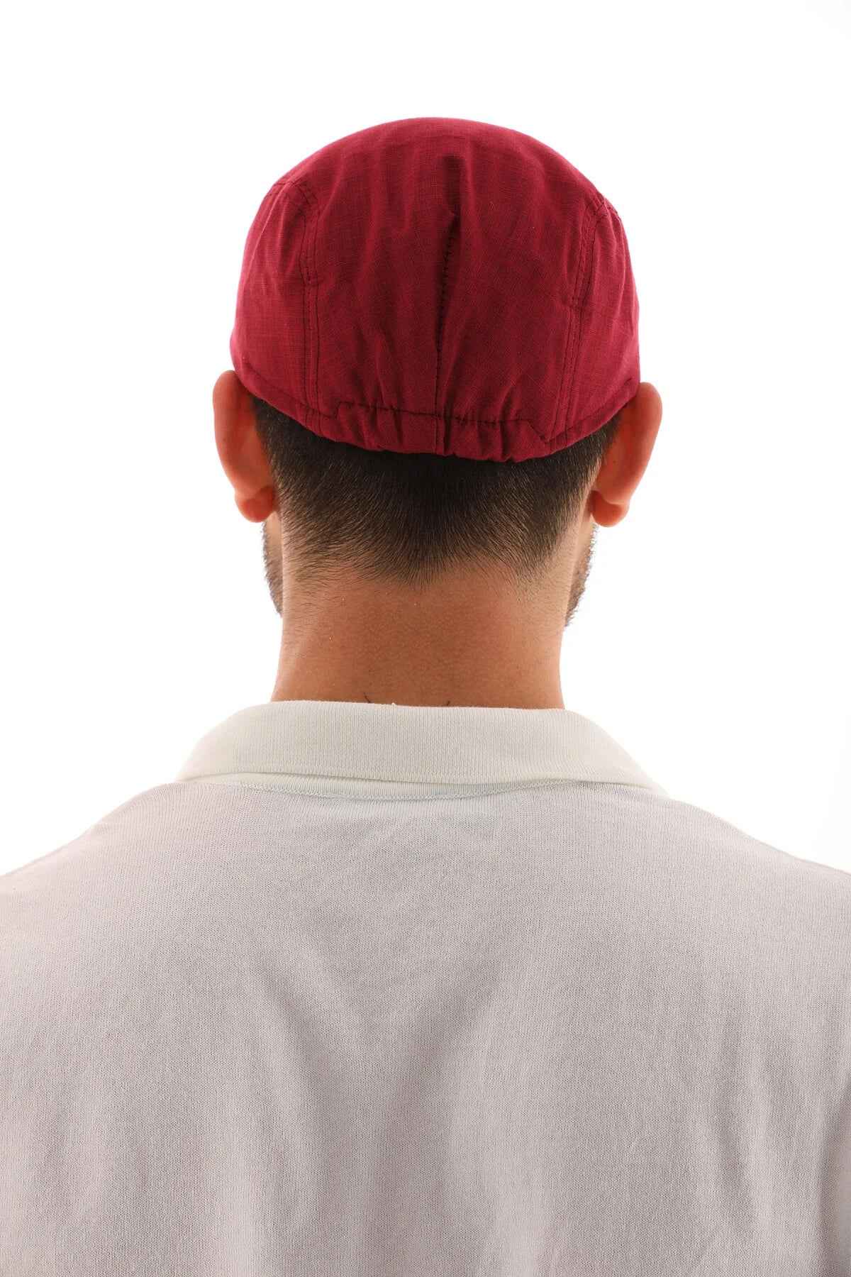 Men's red flat cap with back gathered crown