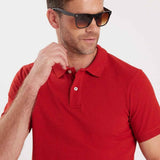 Red polo shirt with button placket, short sleeves, pointed collar