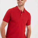Red polo shirt with three-button placket and short sleeves