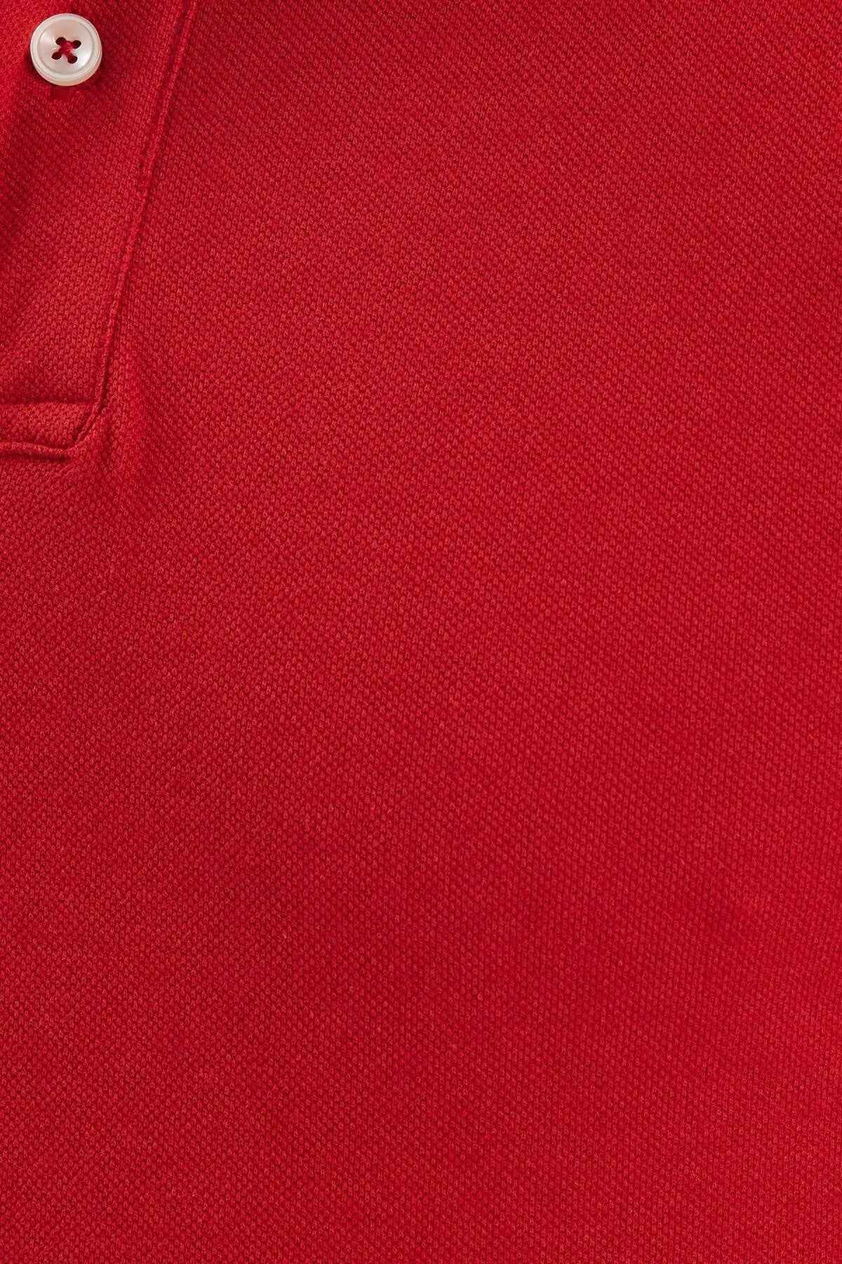Red polo shirt fabric with button and placket detail
