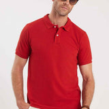 Red polo shirt with short sleeves and buttoned collar