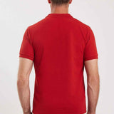 Red polo shirt back view with short sleeves and ribbed hem