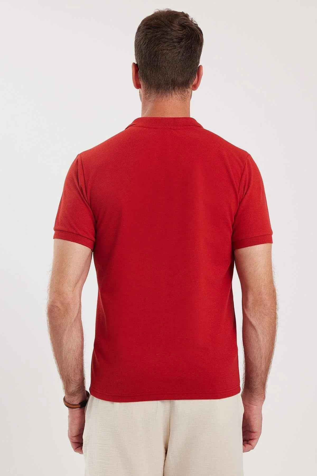 Red polo shirt back view with short sleeves and ribbed hem