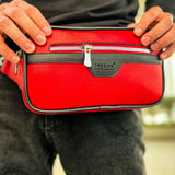 Red tablet bag with gray top flap and zipper brand patch