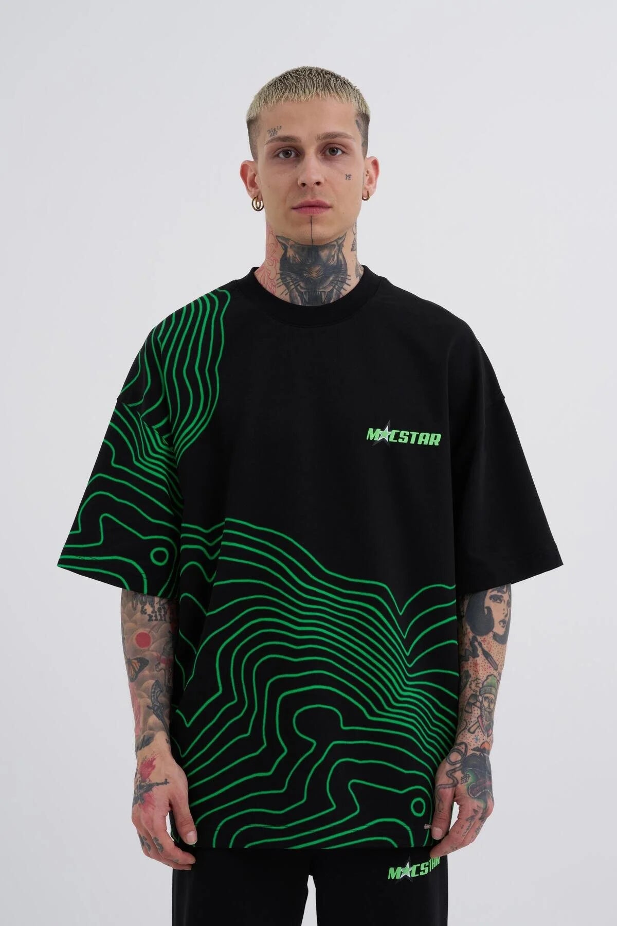 Men's Striped Oversize Black Green T-Shirt - Macstrar - Basoles