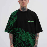 Men's oversized black T-shirt, green striped graphic, Macstar logo