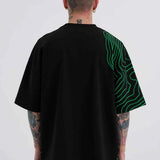 Men's oversized black T-shirt with green striped graphic on back
