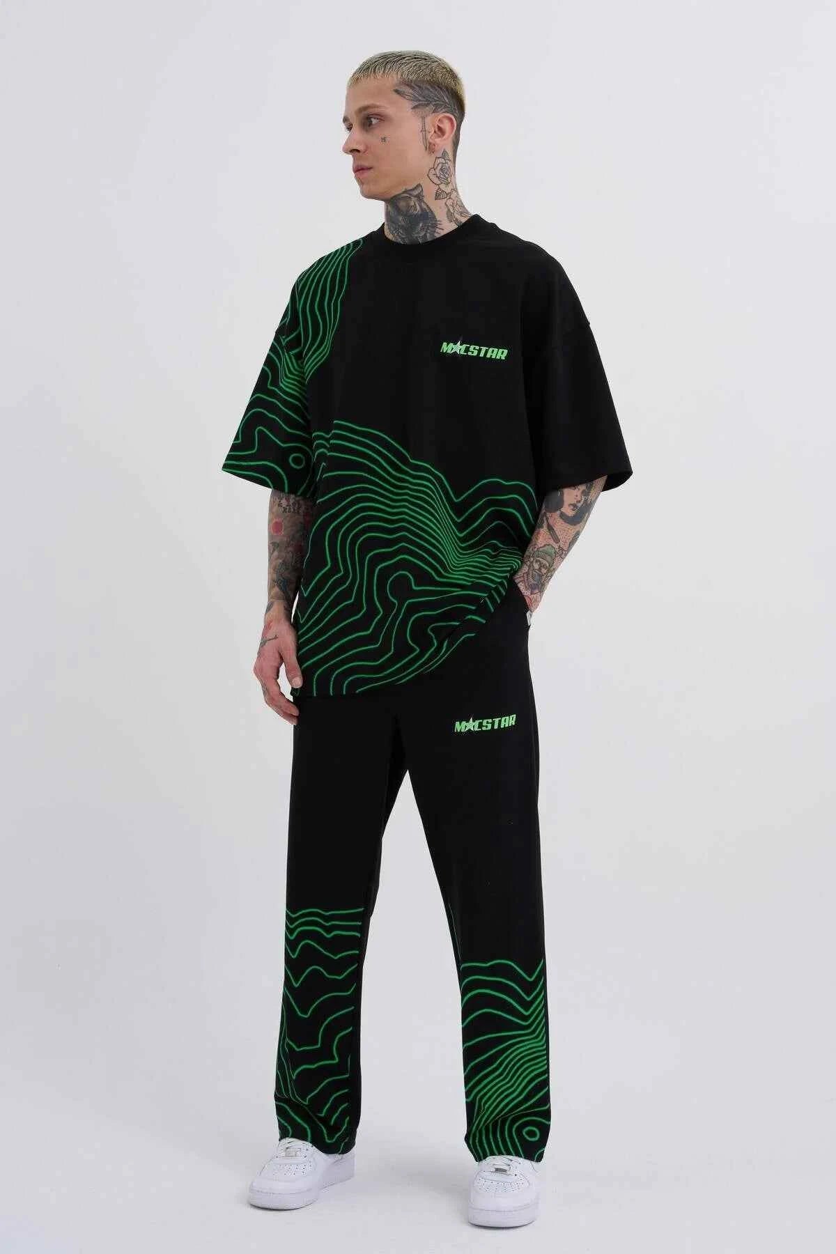 Men's oversized black T-shirt with green striped graphic and Macstar chest logo