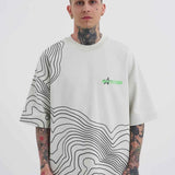 Men's oversize white T-shirt with black contour stripes and green chest logo