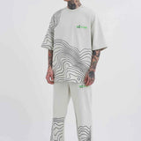 Men's oversize white T-shirt with black contour stripes and green star logo