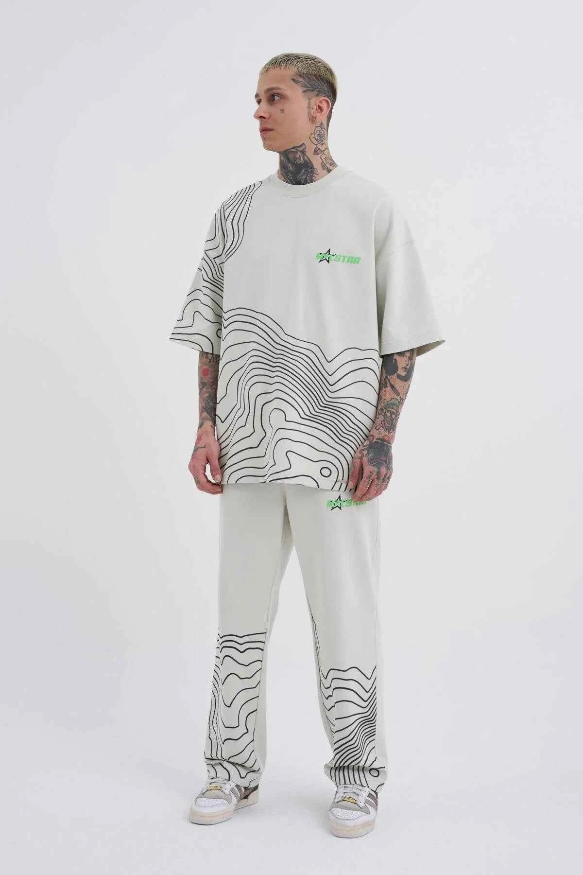 Men's oversize white T-shirt with black contour stripes and green star logo