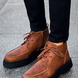 Men's tan lace-up casual boots, seam details, dark sole