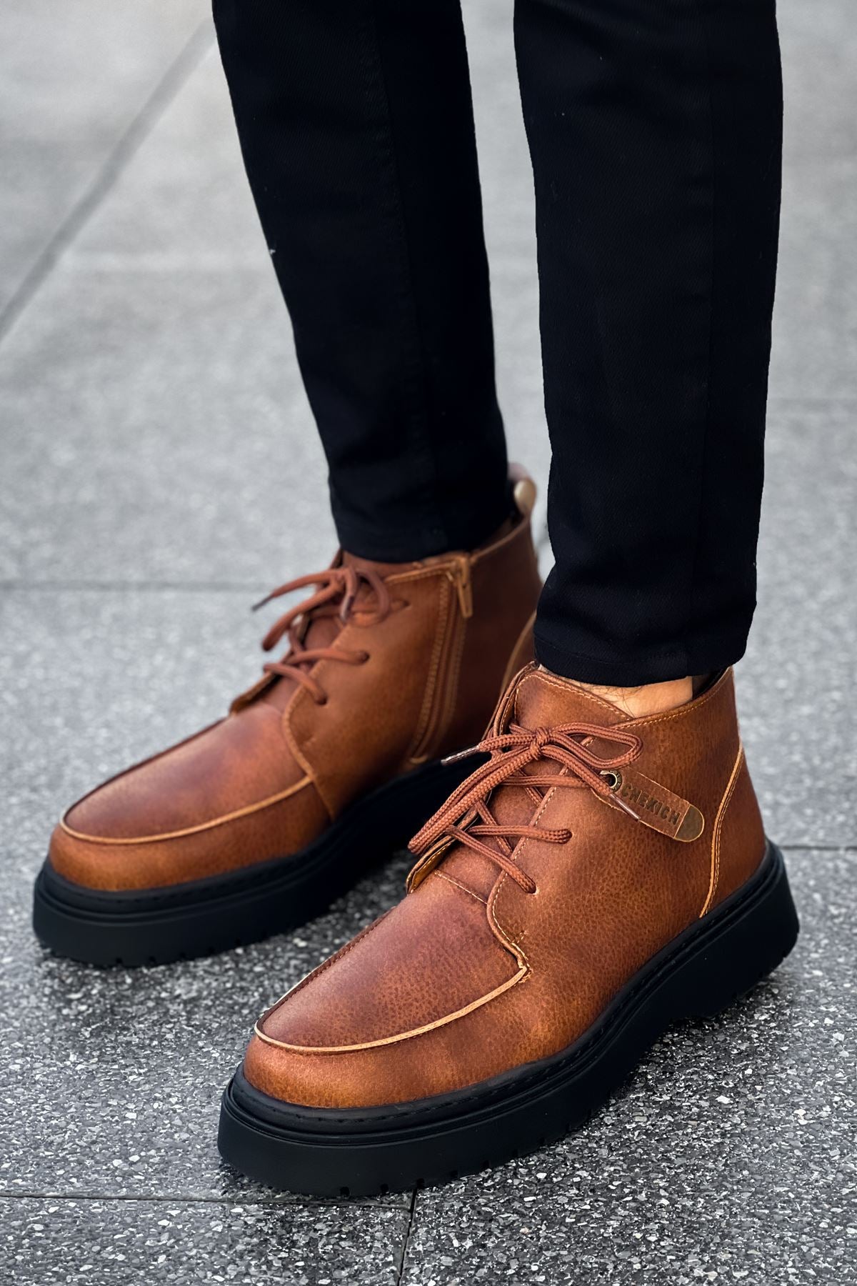 Men's tan lace-up casual boots, seam details, dark sole