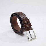 Brown genuine leather belt with embossed pattern and silver buckle