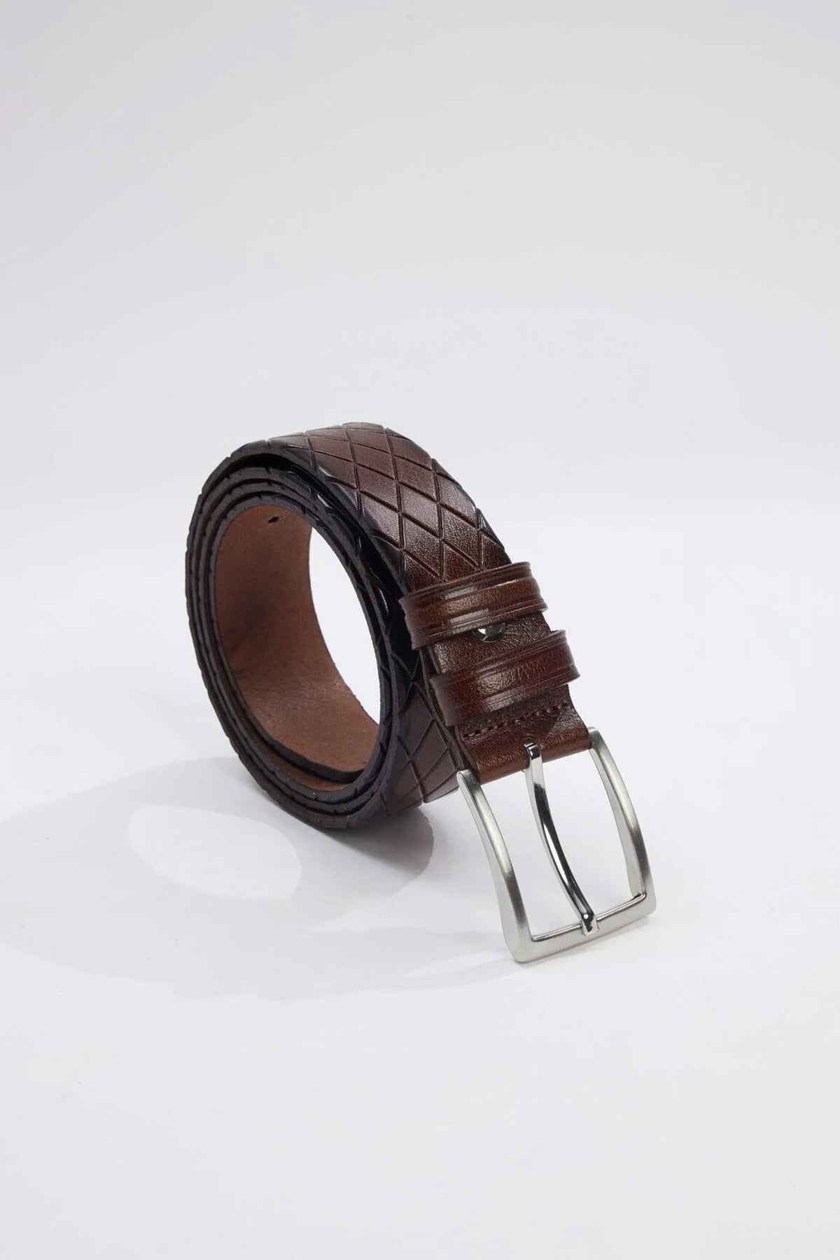 Brown genuine leather belt with embossed pattern and silver buckle