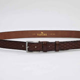 Brown leather belt with silver buckle, embossed diamond pattern, TUDORS branding
