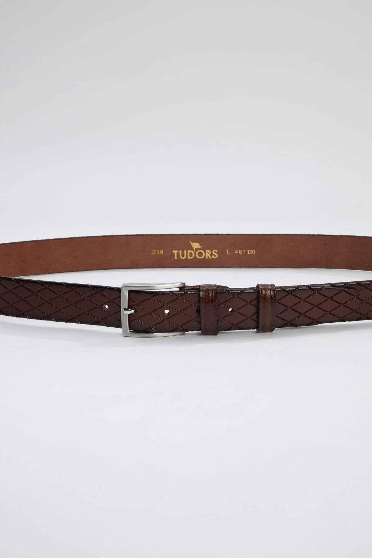 Brown leather belt with silver buckle, embossed diamond pattern, TUDORS branding