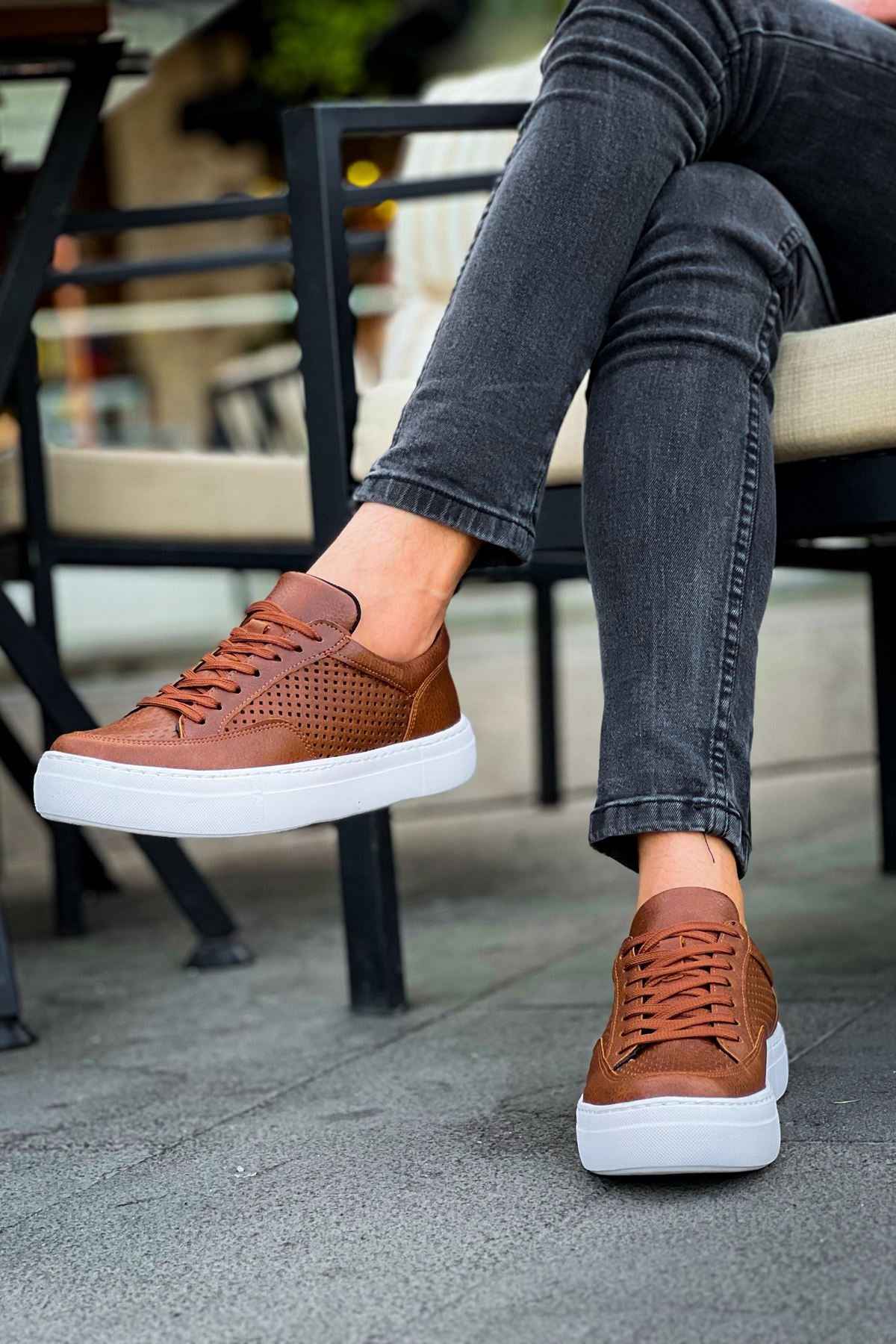 Lix tan sneakers, side view with lace-up eyelets and white sole
