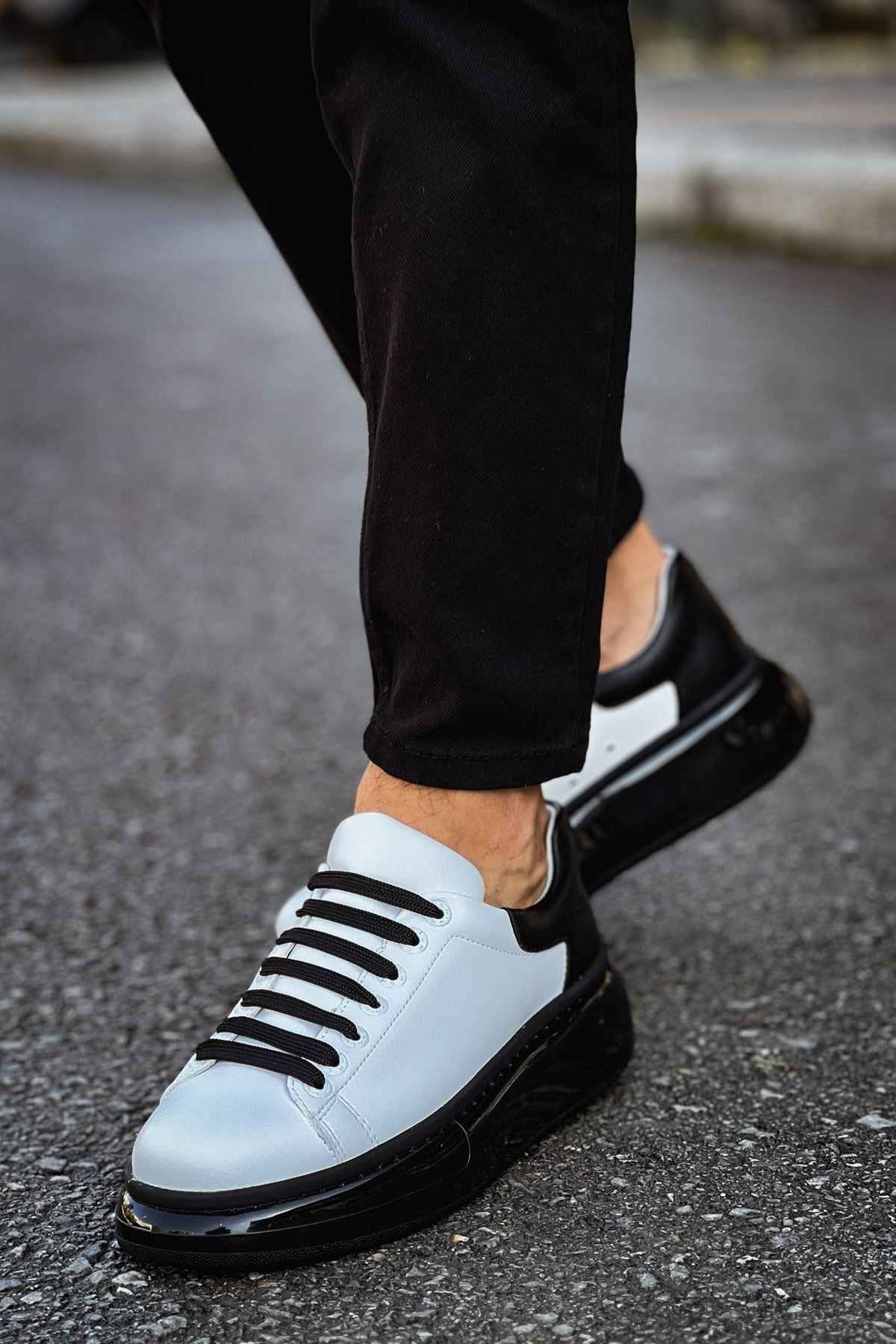 Men's two-tone sneakers, white upper with black stripe detailing and black lace-up front