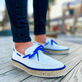 Men's white and blue canvas espadrilles with blue lace-up and jute rope sole