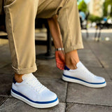 Men's white sneakers with blue collar and lace-up front