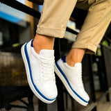Men's white low-top sneakers with blue side stripe and lace-up