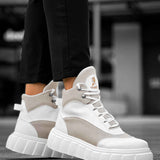Men's white lace-up boots with light gray panels and chunky platform sole