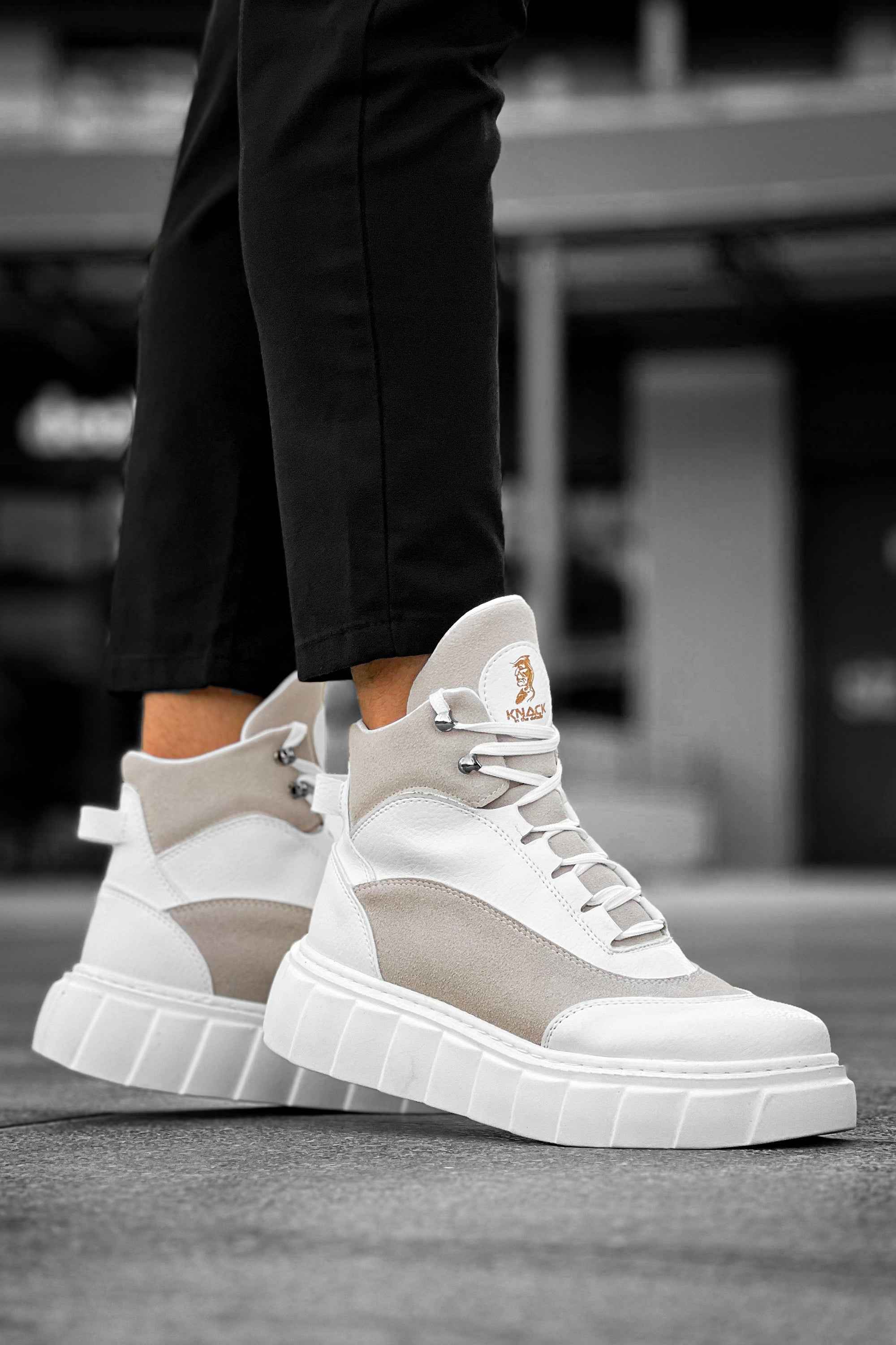 Men's white lace-up boots with light gray panels and chunky platform sole