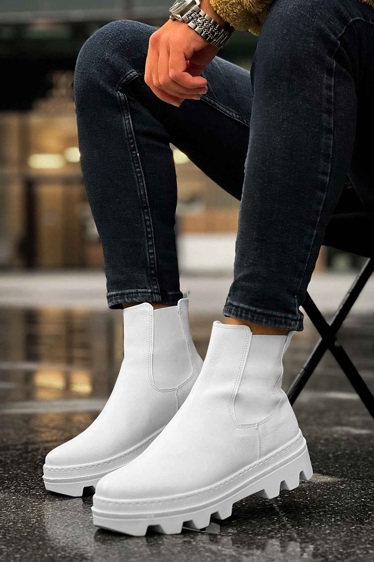 Men's white ankle boots with side elastic, chunky lug sole, side view