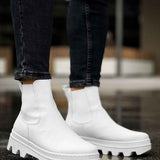 Men's white ankle boots with side elastic and lug sole, front