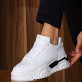 Men's white lace-up casual sneakers with chunky sole and black side panel detail