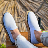 Men's white canvas espadrille loafers with textured jute soles