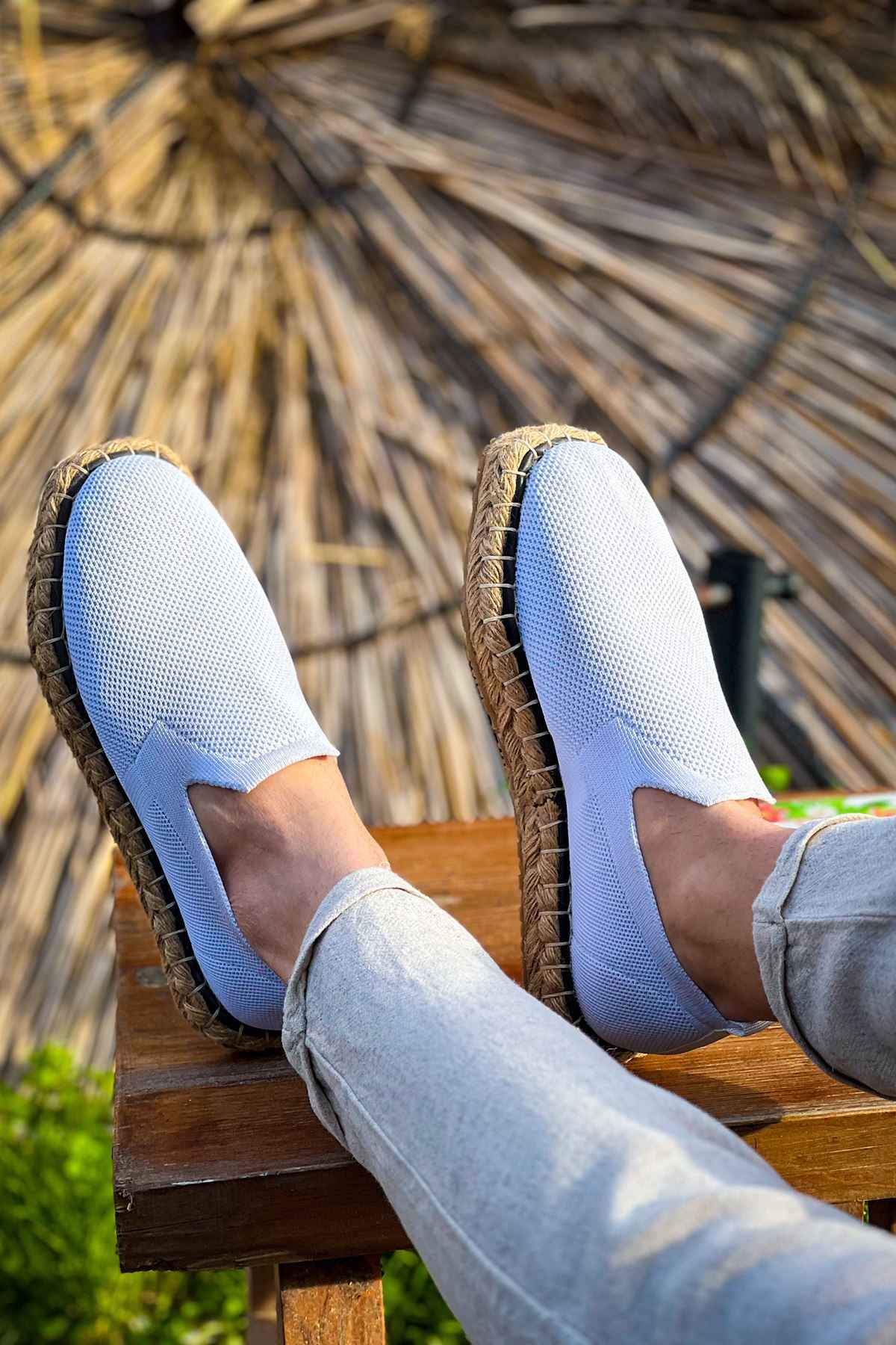 Men's white canvas espadrille loafers with textured jute soles